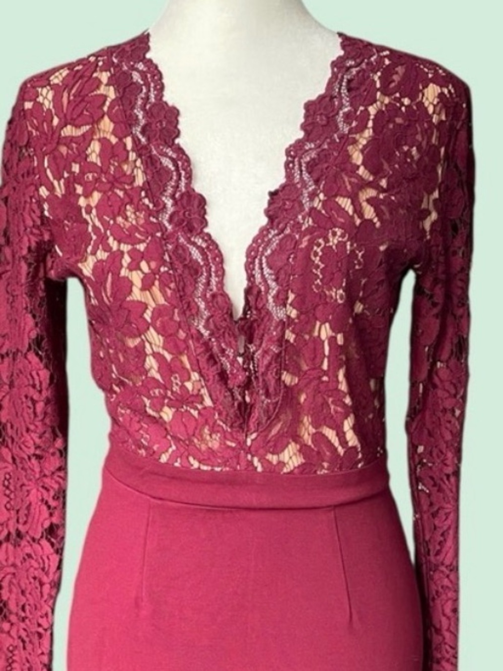 Lulu's Burgundy Lace Long Sleeve Dress. Deep V-neck. EUC. Medium. - Picture 6 of 11